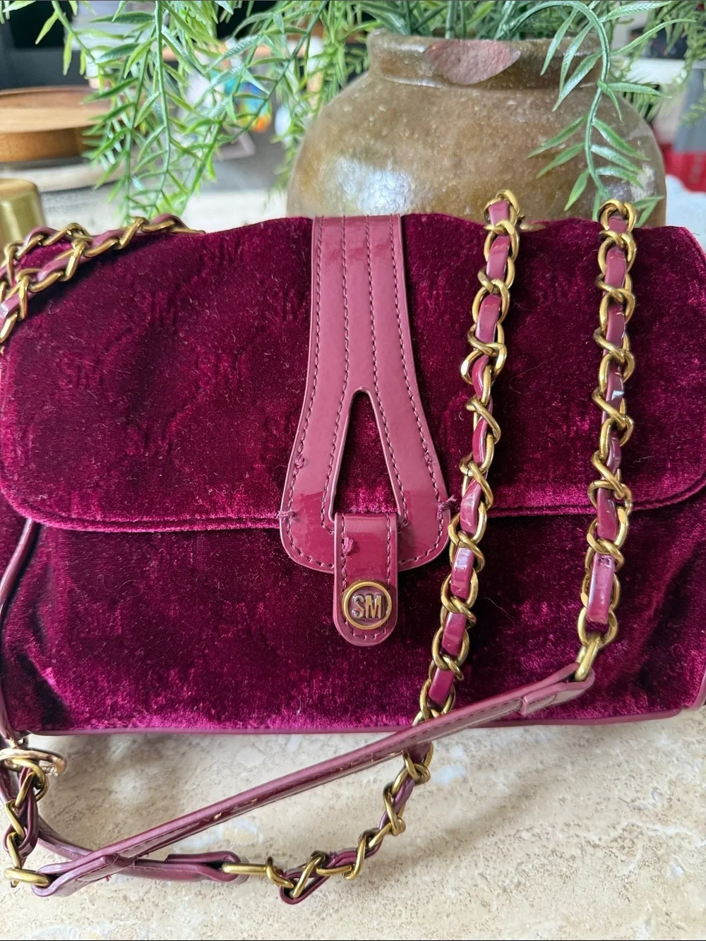 Steve Madden Burgundy Velvet Crossbody Shoulder Bag Brass Chain